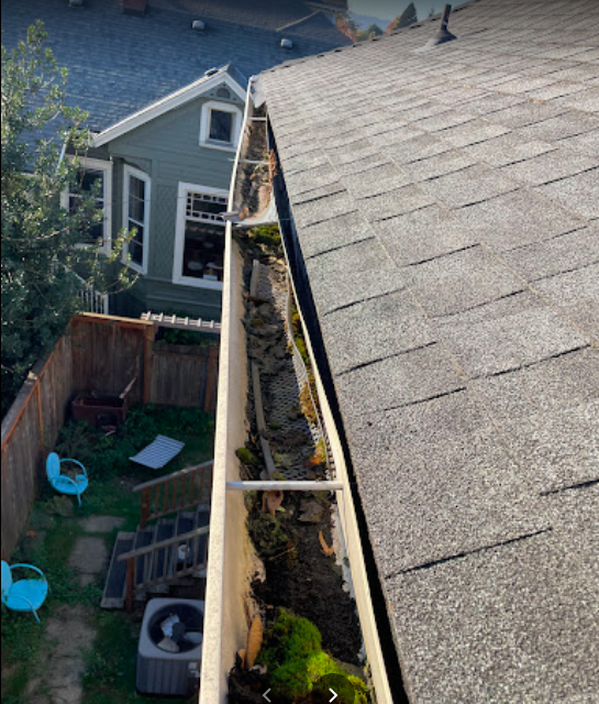 top view of roof of house with attached gutter that needs cleaned